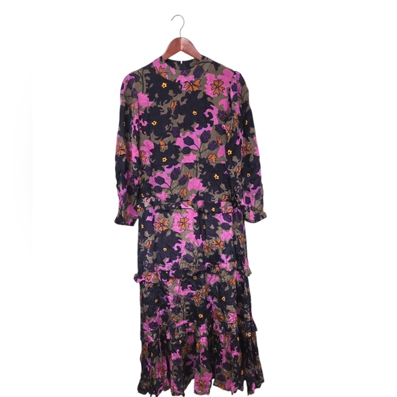 Oliphant Suzani Navy Mock Neck Ruffle Maxi Dress in a silk viscose Womens Small - Picture 2 of 15